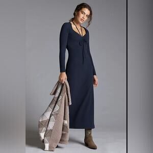 NWT Anthropologie Women's Size XS Black Maxi Dress V-Neck Ruoched LS Stretchy